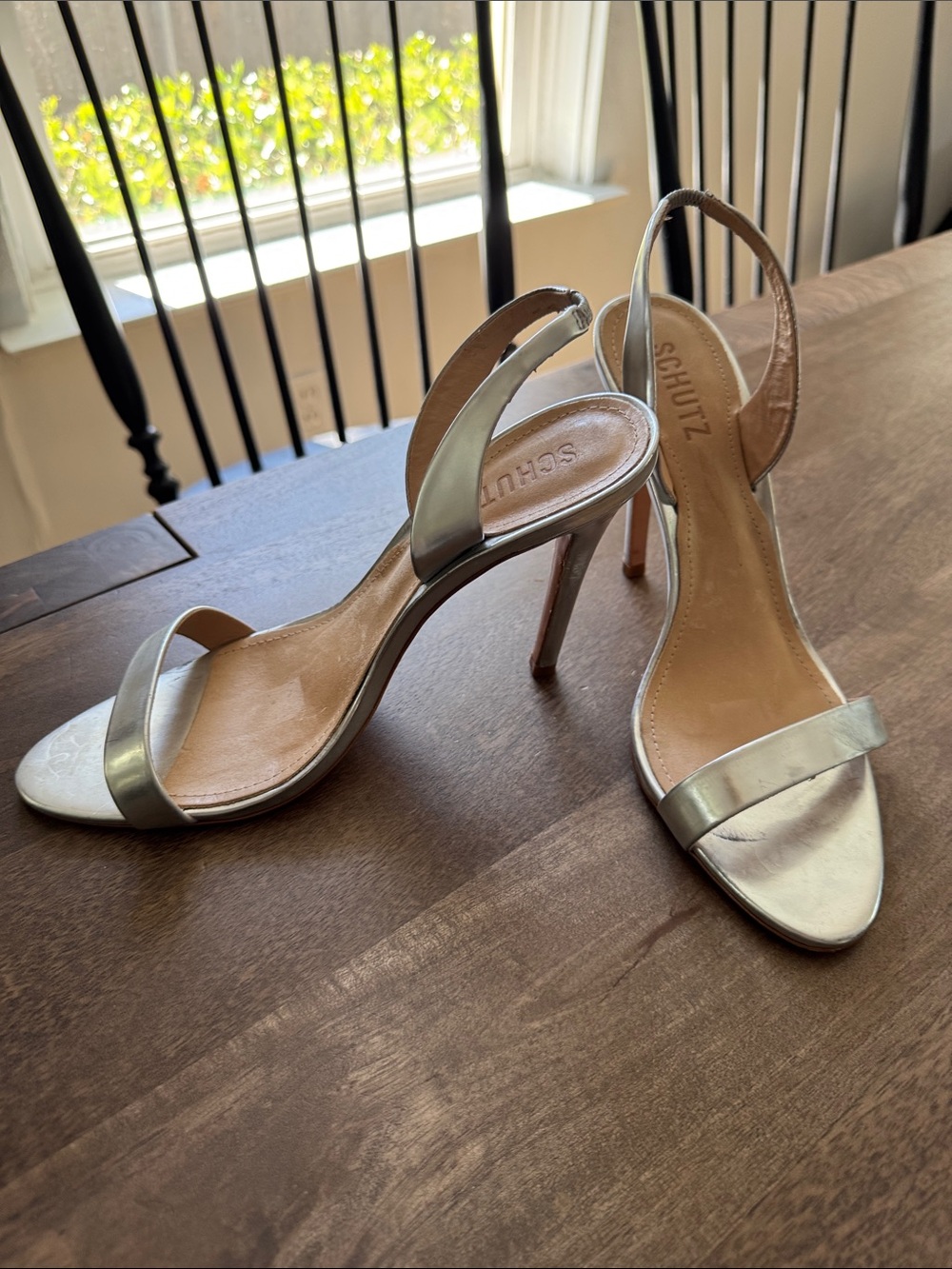 SCHUTZ Metallic Silver Slingback Heels